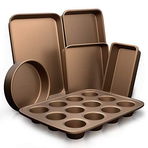 NutriChef 6-Pcs Nonstick Bakeware Set-est-Quality Baking Sheets, Non-Grease Cookie Trays, Wide & Square Bake Pan, Bread Loaf & Round Cake Pan, Designed Not To Wrap or Bend Out Of Shape, - CookCave