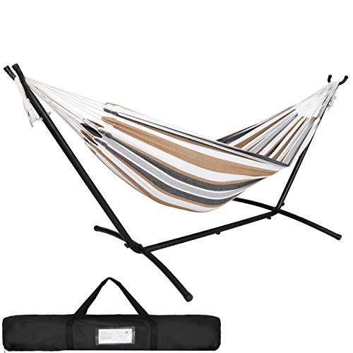 SUPER DEAL Portable Hammock with 9FT Space Saving Steel Stand Set, 620lb Capacity Double Brazilian Style 2 Person Hammock Bed with Carrying Case for Camping Garden Backyard Patio Indoor Outdoor - CookCave