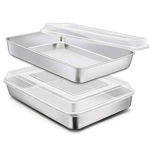 E-far Stainless Steel Baking Pan with Lid, 12⅓ x 9¾ x 2 Inch Rectangle Sheet Cake Pans with Covers Bakeware for Cakes Brownies Casseroles, Non-toxic & Healthy, Heavy Duty & Dishwasher Safe - Set of 2 - CookCave