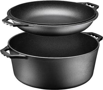 Bruntmor Pre-Seasoned Cast Iron Dutch Oven and Skillet Lid - 7 Quart All-in-One Casserole and Braising Pan, Black - CookCave