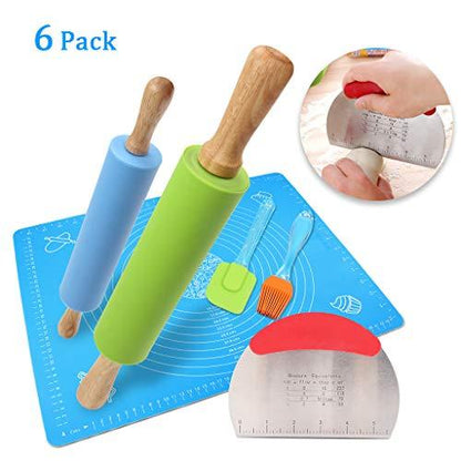 Ewinever 1Set Rolling Pin Pastry Mat Set Non-Stick 6 in 1 Dough Roller Baking Kit with Pastry Cutter Reusable Kneading Mat Scraper Basting Brush - CookCave