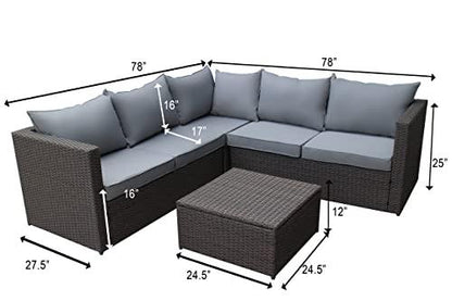 Outdoor Patio Furniture Set with Ottoman Square Coffee Table 4 Piece Patio Sectional Sofa Couch, Modern Brown Rattan Wicker with Seat Cushions - Light Grey - Oliver & Smith - Sunny - CookCave