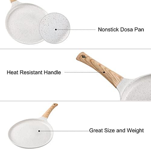 Zalnuuk Crepe Pan, 11 Inch Nonstick Dosa Tawa with Spreader, for All Stove, Tortilla Pan with Detachable Handle, Cream White - CookCave