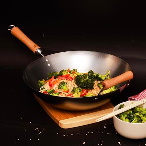 JOYCE CHEN Classic Series 14-Inch Carbon Steel Wok with Birch Handles - CookCave