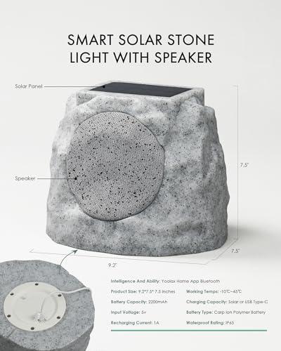 Outdoor Rock Speakers Waterproof IP65 Solar Powered Rechargeable Battery Powered Rock Speaker, Wireless Bluetooth Speaker with 7 LED Colors for Patio, Party, Pool, Deck, Yard, Garden and Home - CookCave