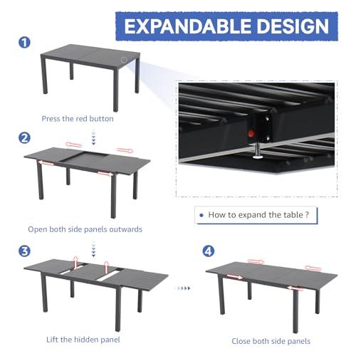 Soleil Jardin Aluminum Patio Extendable Dining Table, 59" - 83", Adjustable Indoor Outdoor Furniture Rectangle Table for 6-8 Person Porch Deck Garden, Dark-Grey - CookCave