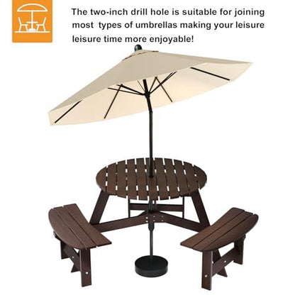 ROOMTEC 6 Person Wooden Picnic Benches, Outdoor Round Table with Umbrella Hold Design for Patio, Backyard, Garden, Adults and Kids, 1720lb Capacity, Brown - CookCave