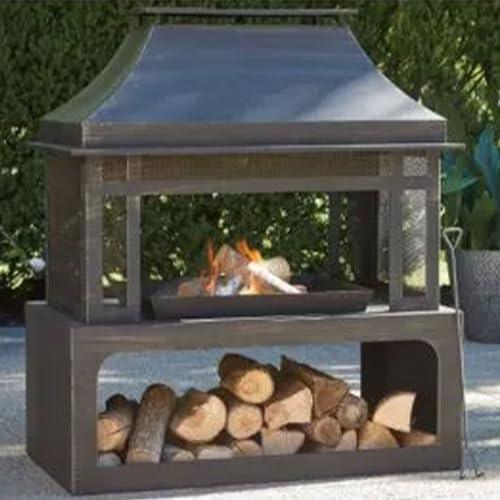 Four Seasons SRLF370 Wood Burning Fireplace, Black, with Log Rack & Tool - Quantity 1 - CookCave