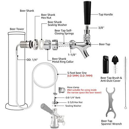 MRbrew Draft Beer Line Shank Faucet Kit, Stainless Core Beer Tap Self-Closing Spring Tap Wrench No Leak 3/16'' Brewing Tubing 1/4'' Keg Coupler Barb Fitting Hose Clamp Kegerator Tower Replacement Set - CookCave