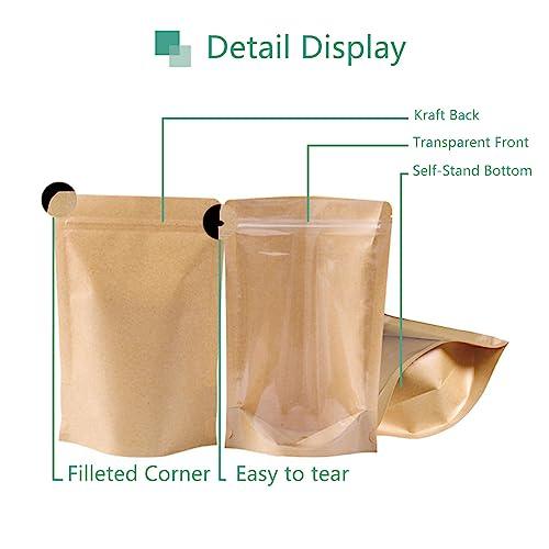 50pcs Kraft Bags With Window Clear Fornt Pouches Resealable Stand Up Zip Lock Food Storage Bags Brown 3.5"x5.5" - CookCave