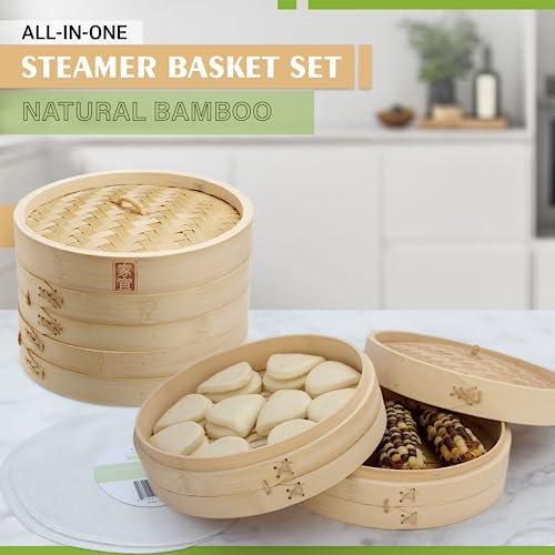 Zoie + Chloe Bamboo Steamer Basket - 2-Tier Dumpling Steamer for Cooking with 2 Reusable Cotton Liners for Bao, Dim Sum, Veggies, Asian Steamed Buns -Stackable, Space-Efficient - 8-Inch Steam Basket - CookCave