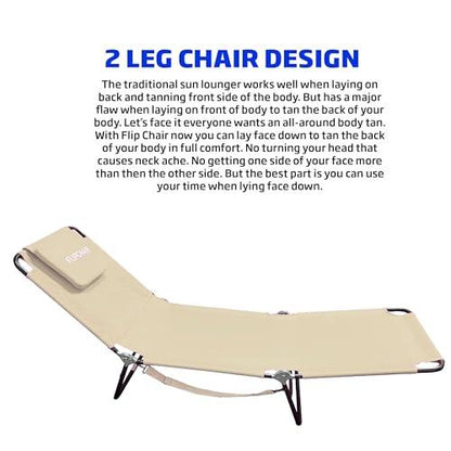 Pool Chair Chaise Lounge 2 Legs Support Polyester Material Reclining Backrest Head Rest Pillow Great For Beach, Home, Backyard, Outdoor, Patio, Pool, Camping, Lawn or Deck Color TAN - CookCave