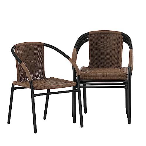 Flash Furniture Lila 4 Pack Medium Brown Rattan Indoor-Outdoor Restaurant Stack Chair | Versatile and Stylish Seating - CookCave