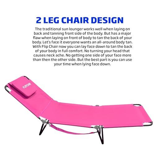 Lawn Chair Chaise Lounge 2 Legs Support Polyester Material Reclining Backrest Head Rest Pillow Great For Beach, Home, Backyard, Outdoor, Patio, Pool, Camping, Lawn or Deck Color PINK - CookCave