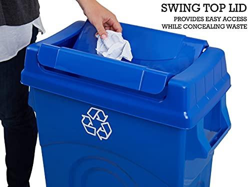 United Solutions 23 Gallon Highboy Plastic Recycling Bin Kitchen Trash Can with Lid, Pass Through Handles, and Dustpan Edge, Blue - CookCave