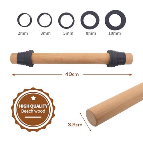 Adjustable Wood Rolling Pin with Thickness Rings for Baking -Non Stick Wooden Dough Roller Pin with Spacer Bands for Cookie,Pie Crust, Pastry Fondant and Bread By Folksy Super Kitchen (15.8, Grey) - CookCave