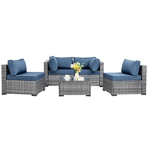 Shintenchi 5 Pieces Outdoor Patio Sectional Sofa Couch, Silver Gray PE Wicker Furniture Conversation Sets with Washable Cushions & Glass Coffee Table for Garden, Poolside, Backyard (Aegean Blue) - CookCave