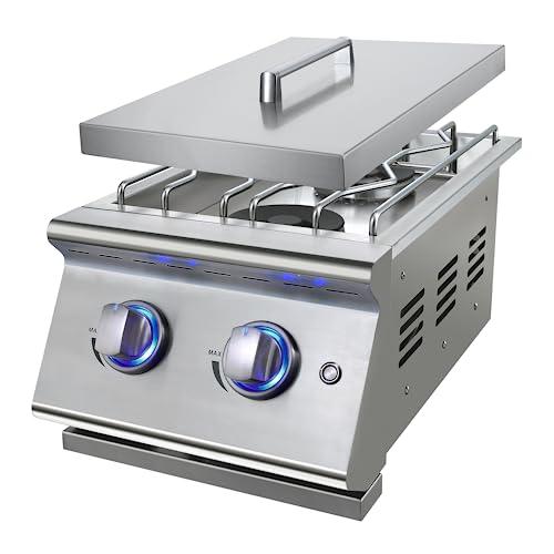 Double Grilling Side Burners for Outdoor Kitchen, 2 * 15,000BTU Liquid Propane Burners, Duty Heavy 304 Stainless Steel, with Natural Gas Kit, Built-in Side Burner for BBQ Island Grill - CookCave