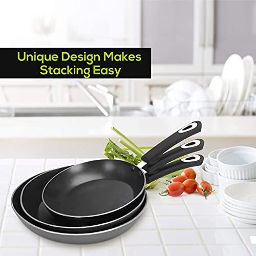 Utopia Kitchen Nonstick Frying Pan Set - 3 Piece Induction Bottom - 8 Inches, 9.5 Inches and 11 Inches (Grey-Black) - CookCave