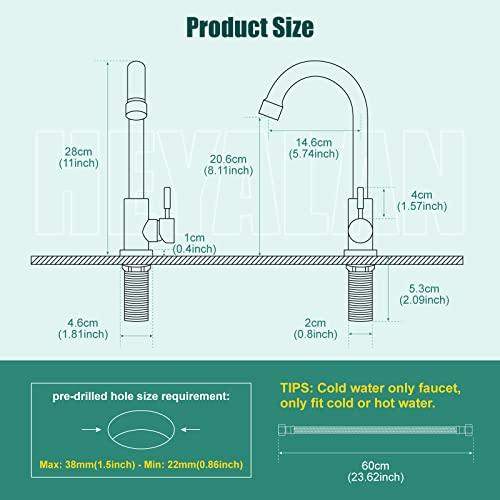 Heyalan Brushed Nickel Kitchen Faucet Cold Water Only 1 Hole Single Handle 360 Degree Swivel Spout Deck Mount High Arc SUS304 Sink Bar Tap Goose Neck with Hose and Longer Thread Pipe - CookCave