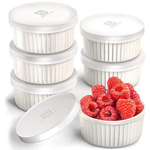 Hatrigo Porcelain Ramekins with Silicone Storage Lids, Set of 6 White Ramekins, Ramekins 4 oz Oven Safe, 450 deg F, Dishwasher Safe - CookCave