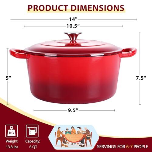 E-far Enameled Cast Iron Dutch Oven with Lid, 6 Quart Round Dutch Oven Pot Nonstick Cookware for Braising, Stews, Roasting, Bread Baking, Cooking, Heavy Duty, Induction & Oven Safe - Red - CookCave