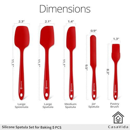 CasaVida Silicone Spatula Set 5pcs Red High Heat Resistant Non Stick Bakery Flexible BPA Free Dishwasher Safe Kitchen Utensils Bakeware Cookware Baking Mixing One-piece Seamless Spatula Set - CookCave