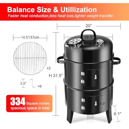 RYHOFOUD 19Inch Round Charcoal Smoker Grill,Heavy-Duty BBQ Smoker for Outdoor Smoking-Vertical Multi-Layer Pellet Smoker Ideal for Meats-Offset Charcoal Grill with Thermometer & S-Shaped Hook,Black - CookCave