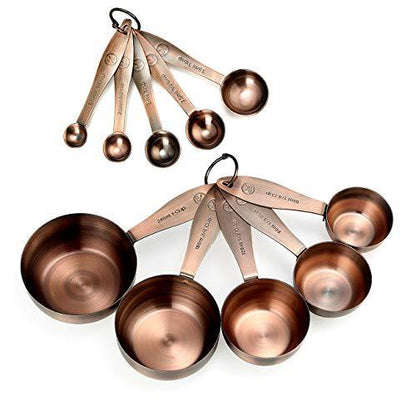 Copper Measuring Cups and Spoons Set, Stainless Steel 10 Piece Set, Stackable 5 Measuring Cups and 5 Measuring Spoons with 2 Rings, Antique Copper Plated - CookCave