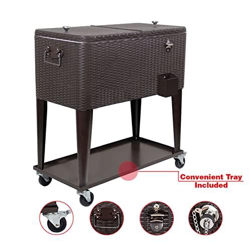 80 Quart Qt Rolling Cooler Ice Chest Beverage Cart, Dark Brown Wicker Faux Rattan Ice Tub Trolley, Portable Outdoor Backyard Patio Deck Party Drink Beverage Bar, Wheels with Shelf & Bottle Opener - CookCave