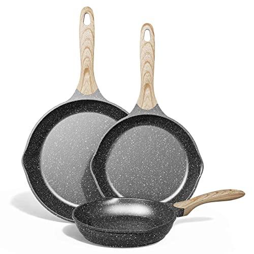 JEETEE Nonstick Pan, Nonstick Stone Frying Pan, Nonstick Omelette Skillet with Soft Touch Handle, 3-Piece Cookware Set Induction Compatible -8 Inch-9.5 Inch-11 Inch, Grey - CookCave