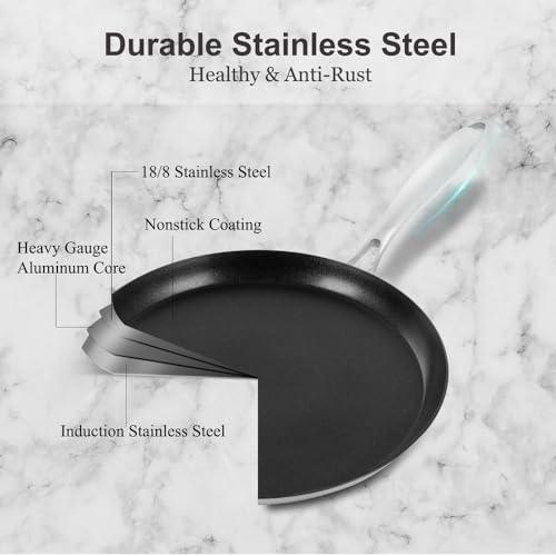 AUDANNE Nonstick Crepe Pan with Spreader, 11 inch Stainless Steel Flat Skillet, Non stick Pancakes Grill & Griddle Pan - Compatible with All Stovetops (Gas, Electric & Induction), PFOA Free, 11" - CookCave