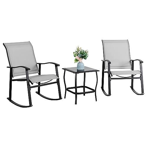 Vongrasig 3 Piece Outdoor Rocking Bistro Set, Textilene Fabric Small Patio Furniture Set, Front Porch Rocker Chairs Conversation Set with Glass Table for Lawn, Garden, Balcony, Poolside (Light Gray) - CookCave