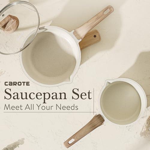 CAROTE 1.5Qt & 2.5Qt Sauce Pan Set with Lid Nonstick Saucepan 4 Pcs Non Stick Sauce Pots Cooking Pot with Pour Spout, Easy to Clean, Small Kitchen Pots Induction Pot, PFOA FREE (White Granite) - CookCave