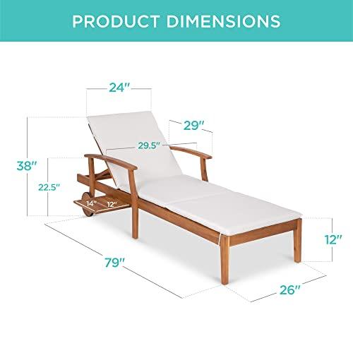 Best Choice Products 79x26in Acacia Wood Chaise Lounge Chair Recliner, Outdoor Furniture for Patio, Poolside w/Slide-Out Side Table, Foam-Padded Cushion, Adjustable Backrest, Wheels - Cream - CookCave