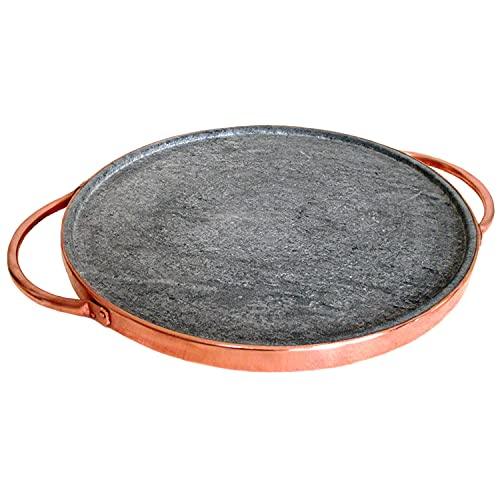 Cookstone 12" soapstone pizza stone with copper handles | Handcrafted from a slab of pure soapstone | Unique, durable and eco-friendly | Non-toxic and Non-stick - CookCave