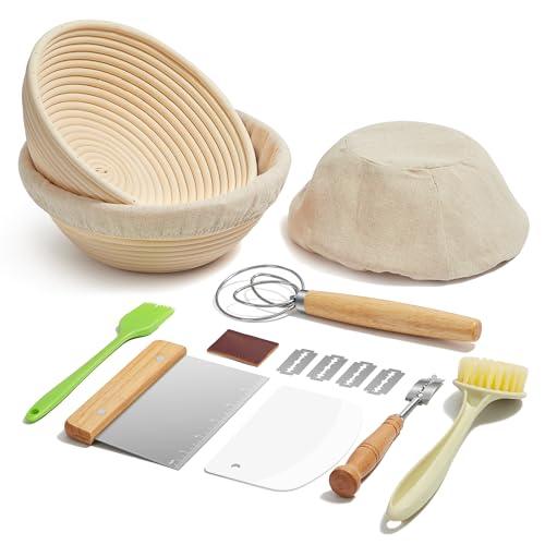 Kootek Sourdough Bread Baking Supplies, 9 Inch Round Sourdough Starter Kit, Baking Tools Banneton Bread Proofing Basket Set of 2 with Bread Lame, Dough Scraper, Basket Cover for Bread Making - CookCave