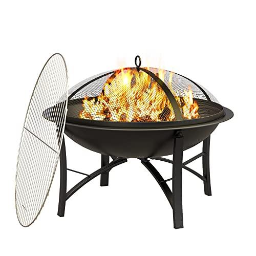 Fire Beauty Fire Pit for Outside Wood Burning Firepit BBQ Grill Steel Fire Bowl with Spark Screen Cover, Log Grate, Poker for Camping Beach Bonfire Picnic Backyard Garden - CookCave