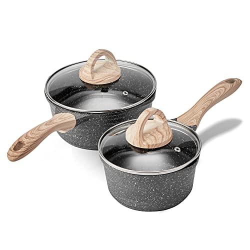 JEETEE Pots Nonstick, 1.5 Quart & 2.5 Quart Induction Granite Coating Saucepan Sets with Glass Lid & Pour Spout, PFOA Free (Grey, 4pcs Pots Set) - CookCave