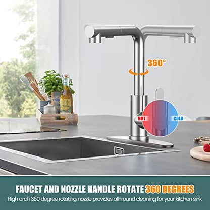 Kitchen Faucets, Brushed Nickel Kitchen Faucet with Pull Down Sprayer and Deck Plate, Stainless Steel Commercial Utility Kitchen Faucets for Sink 3 Hole for Bar Rv Camper Laundry Outdoor Farmhouse - CookCave