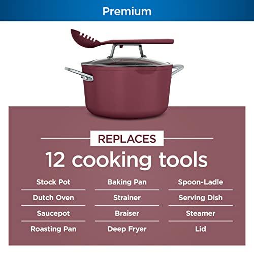 Ninja CW202RD Foodi NeverStick PossiblePot, Premium Set with 7-Quart Capacity Pot, Roasting Rack, Glass Lid & Integrated Spoon, Nonstick, Durable & Oven Safe to 500°F, Cherry Tart - CookCave