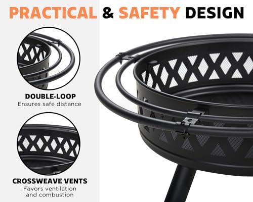 PaPaJet 35 Inch Fire Pit with 2 Loops, Outdoor Wood Burning Fire Pit Crossweave with Spark Screen Fire Poker, Backyard Patio Camping Beach Bonfire Pit, Black - CookCave