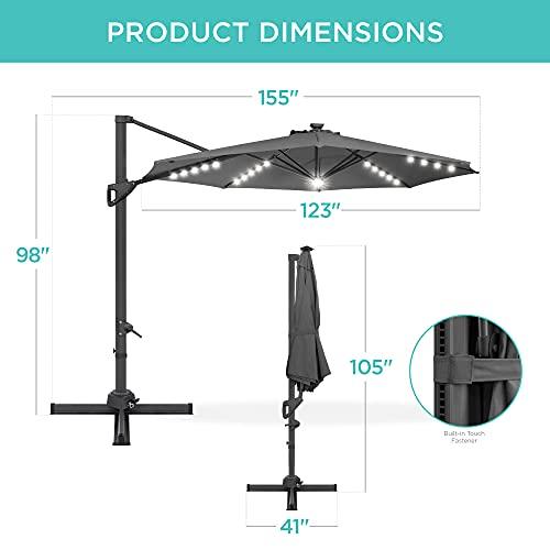 Best Choice Products 10ft Solar LED Cantilever Patio Umbrella, 360-Degree Rotation Hanging Offset Market Outdoor Sun Shade for Backyard, Deck, Poolside w/Lights, Easy Tilt, Cross Base - Gray - CookCave