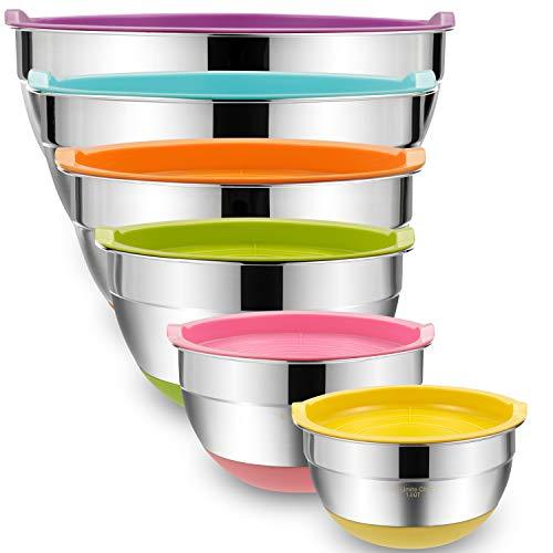 Umite Chef Mixing Bowls with Airtight Lids, 6 Piece Stainless Steel Metal Bowls, Measurement Marks & Colorful Non-Slip Bottoms Size 7, 3.5, 2.5, 2.0,1.5, 1QT, Great for Mixing & Serving - CookCave