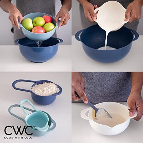 COOK WITH COLOR 8 Piece Nesting Bowls with Measuring Cups Colander and Sifter Set - Includes 2 Mixing Bowls, 1 Colander, 1 Sifter and 4 Measuring Cups, Teal - CookCave