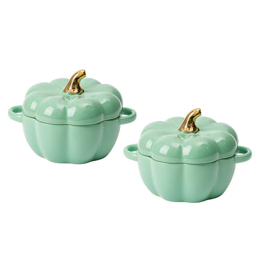 FYUEROPA Pumpkin Bowl Set with Lid and Handle, 14 Oz Ceramic Ramekins for Baking, Casserole Dish Individual Severing Pot, Stoneware, Oven Safe, Set of 2 (Green) - CookCave