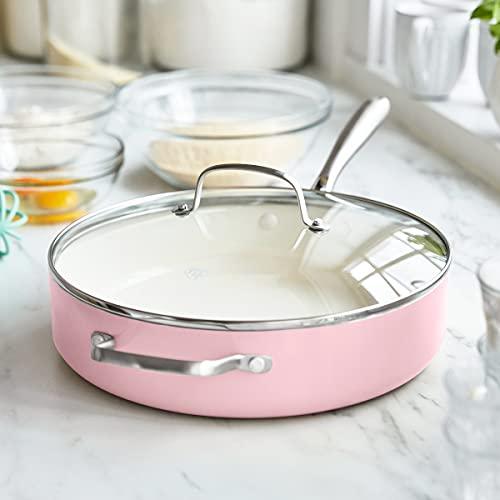 GreenLife Artisan Healthy Ceramic Nonstick, 5QT Saute Pan Jumbo Cooker with Helper Handle and Lid, Stainless Steel Handle, PFAS-Free, Dishwasher Safe, Oven Safe, Soft Pink - CookCave