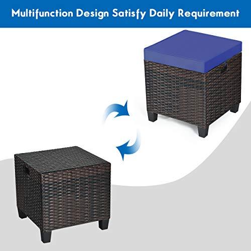 Tangkula 2 Pieces Outdoor Patio Ottoman, All Weather Rattan Wicker Ottoman Seat, Patio Rattan Furniture, Outdoor Footstool Footrest Seat w/Removable Cushions (Navy Blue) - CookCave