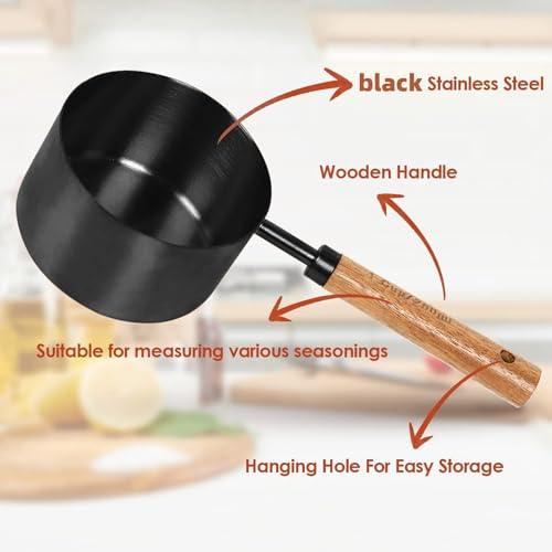 PrettyFine Collection 8 Piece Black Measuring Cups Set and Measuring Spoons, Golden With fragrant wood Handles-Complete Set of Measure Cups and Spoons For Cooking and Baking. - CookCave