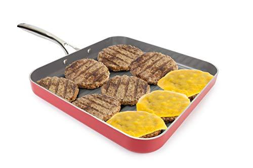 EaZy MealZ Square Non-Stick Grill Pan for Stove, Light weight, Perfect Grill Marks, Oven Safe up to 500 Degrees, Extra Large, 12" Red - CookCave